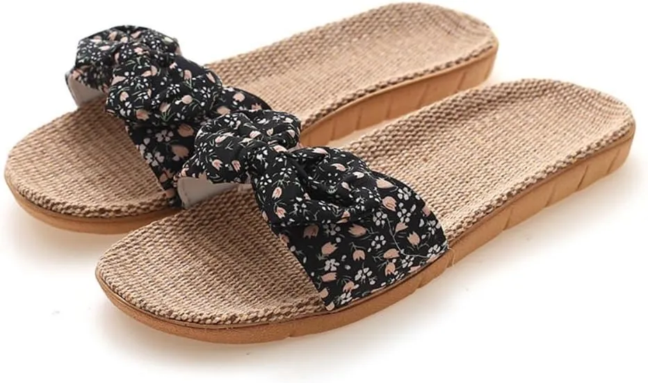 Bamboo Slippers Sandals for Women Tatami Bow Rattan Woven Grass Japanese Slides Non Slip Wooden Zori Beach Travel Hawaiian Summer Indoor House Boho Standing All Day Comfortable Walking Causal Straw