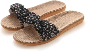 Bamboo Slippers Sandals for Women Tatami Bow Rattan Woven Grass Japanese Slides Non Slip Wooden Zori Beach Travel Hawaiian Summer Indoor House Boho Standing All Day Comfortable Walking Causal Straw