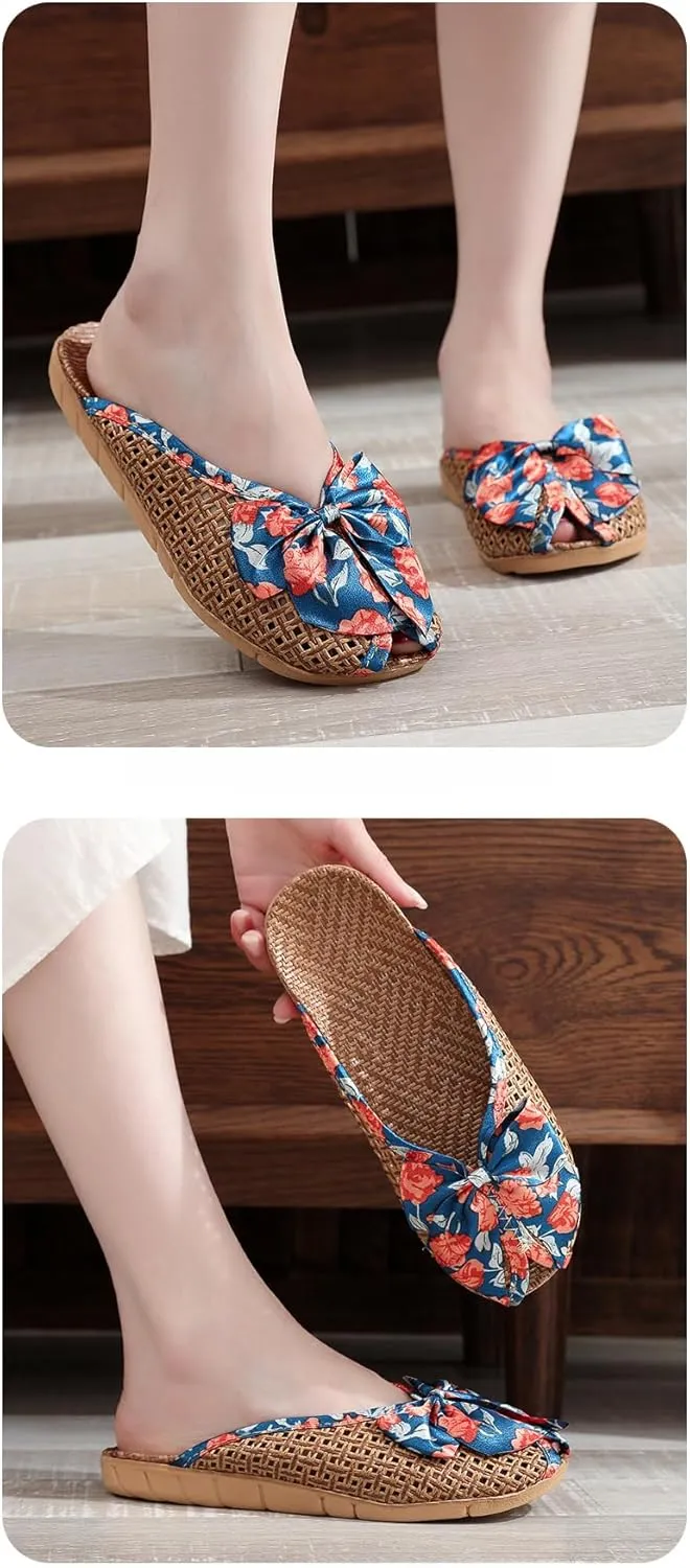 Bamboo Slippers Sandals for Women Tatami Bow Straw Rattan Woven Grass Japanese Slides Non Slip Wooden Zori Beach Travel Hawaiian Summer Indoor House Boho Standing All Day Comfortable Walking Causal