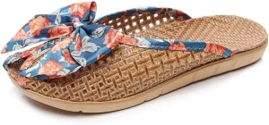 Bamboo Slippers Sandals for Women Tatami Bow Straw Rattan Woven Grass Japanese Slides Non Slip Wooden Zori Beach Travel Hawaiian Summer Indoor House Boho Standing All Day Comfortable Walking Causal