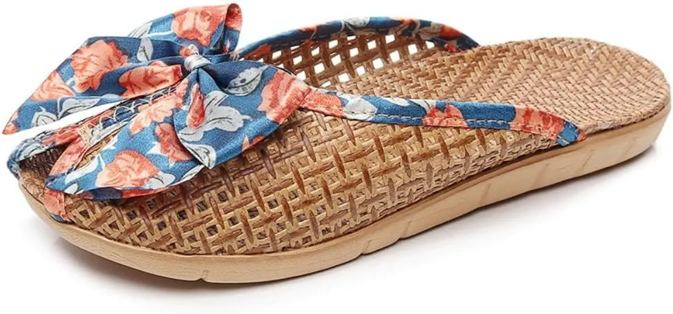 Bamboo Slippers Sandals for Women Tatami Bow Straw Rattan Woven Grass Japanese Slides Non Slip Wooden Zori Beach Travel Hawaiian Summer Indoor House Boho Standing All Day Comfortable Walking Causal