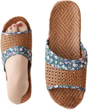 Bamboo Slippers Sandals for Women Tatami Straw Rattan Woven Japanese Slides Non Slip Wooden Zori Beach Travel Hawaiian Summer Indoor House Boho Standing All Day Comfortable Walking Causal Grass