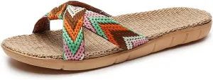 Bamboo Slippers Sandals for Women Tatami Straw Woven Grass Japanese Slides Non Slip Wooden Zori Beach Travel Hawaiian Summer Indoor House Boho Standing All Day Comfortable Walking Causal Rattan