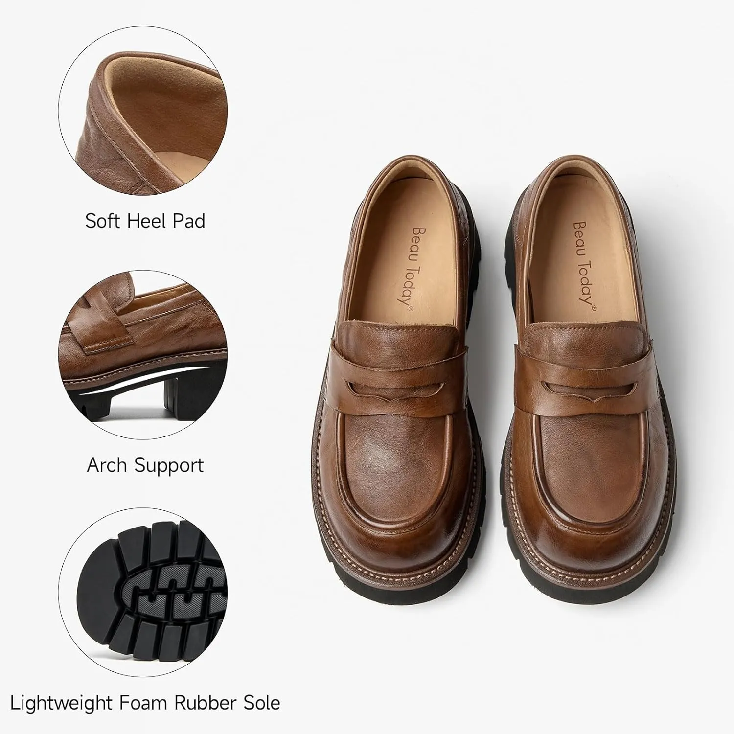 BEAU TODAY Platform Loafers for Women, Womens Chunky Leather Loafers, Slip-on Lug Sole Penny Loafers Comfortable Business Casual Office Non Slip Round Toe Ladies Dress Shoes