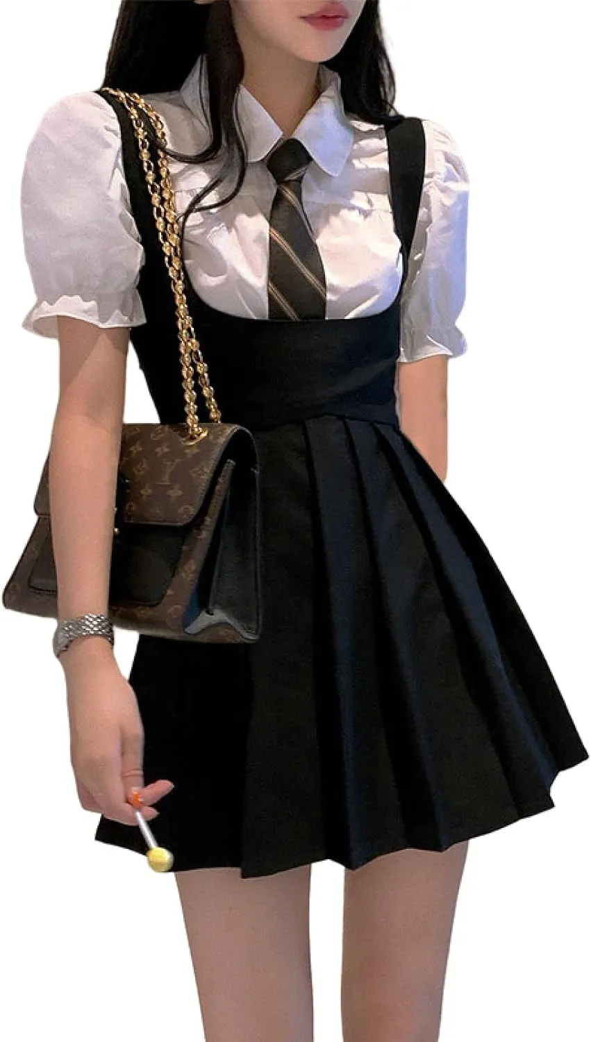 BXCNCKD Sweet French Little Black Dress Girl Puff Sleeves Waist Pleated Skirt Girl Shirt tie Strap Skirt Suit