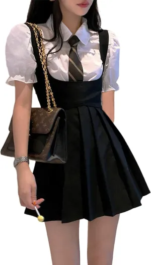 BXCNCKD Sweet French Little Black Dress Girl Puff Sleeves Waist Pleated Skirt Girl Shirt tie Strap Skirt Suit