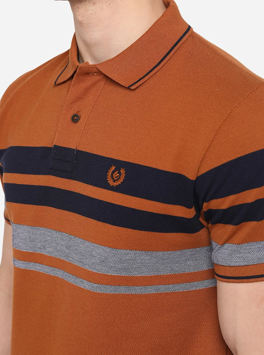 Copper Brown Striped Slim Fit Polo T-Shirt | Greenfibre