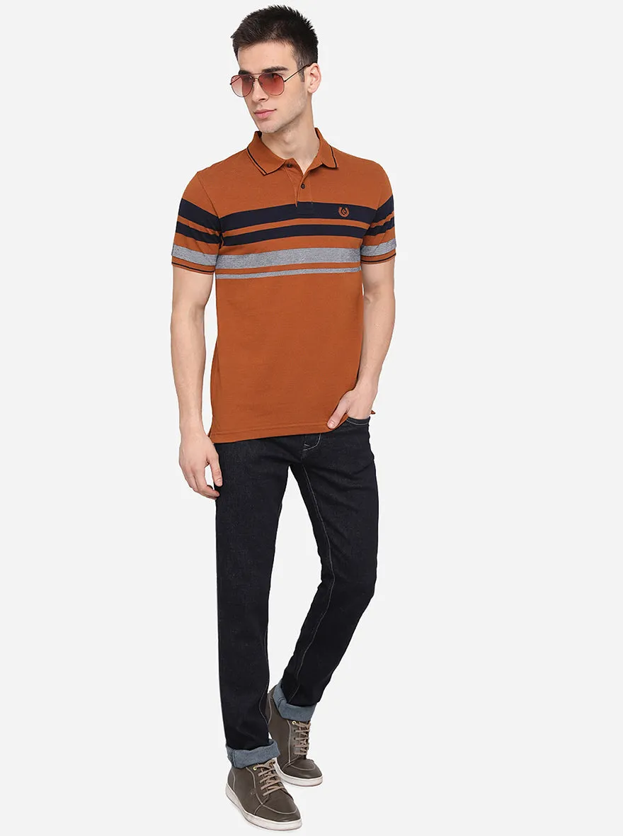 Copper Brown Striped Slim Fit Polo T-Shirt | Greenfibre