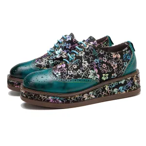 CrazycatZ Women's Leather Oxford Shoes Perforated Lace-up Wingtip Multicolor Leather Oxfords Vintage Oxford Wedeged Shoes