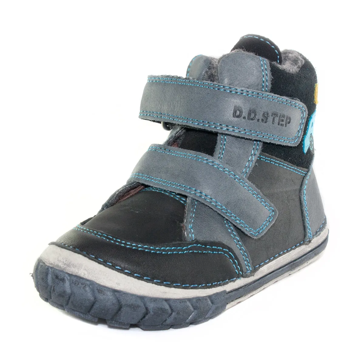 D.D. Step toddler boy shoes/winter boots with faux fur insulation grey with blue truck size US 4-8