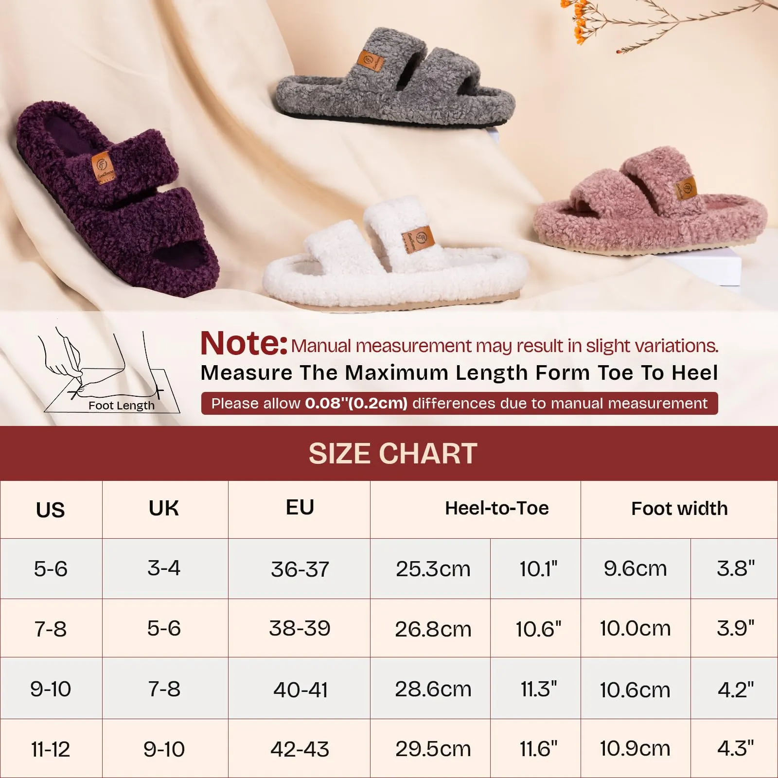 EverFoams Womens Fuzzy Open-toe Slippers Soft Comfy Memory Foam Indoor House Shoes Plum Violet,7-8 US