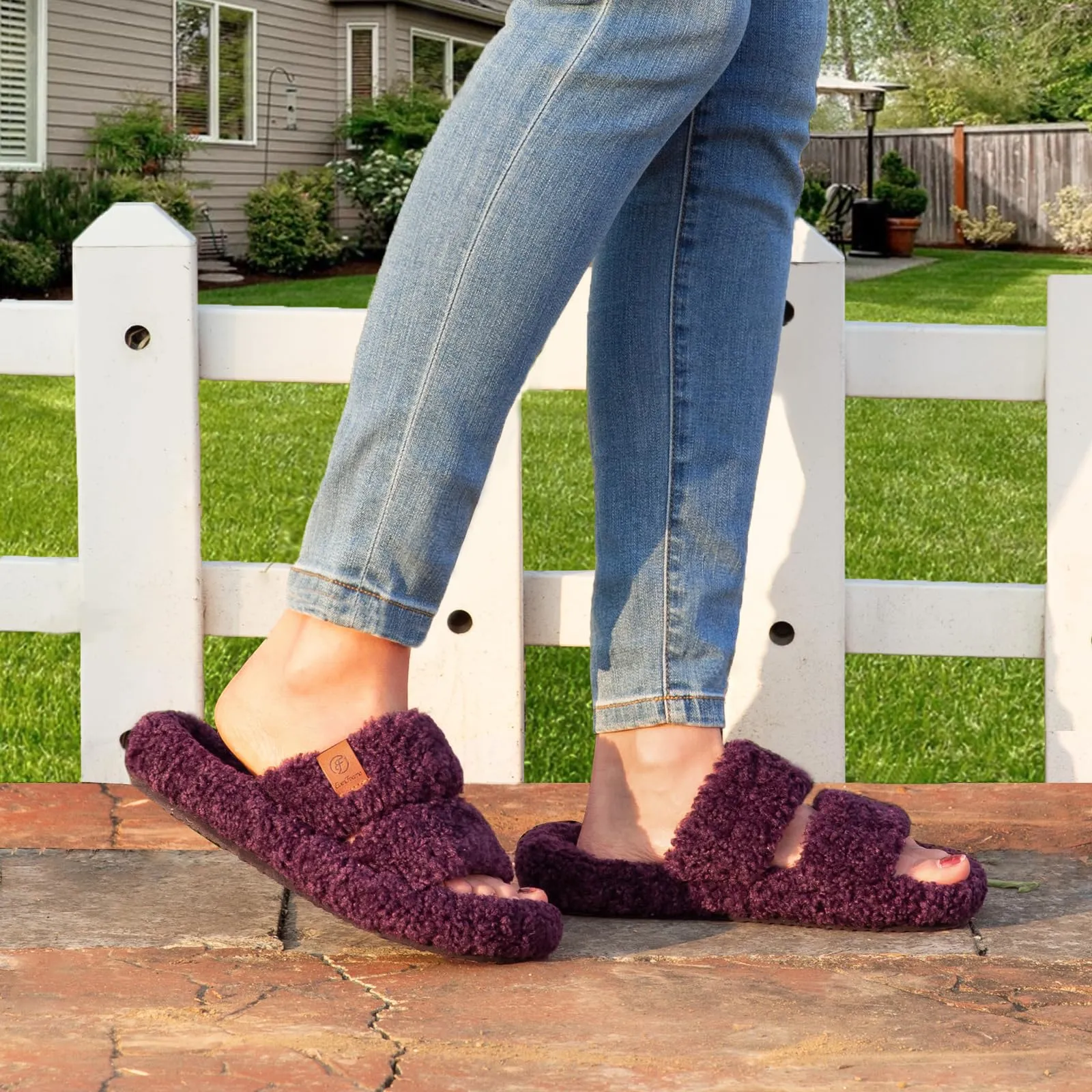 EverFoams Womens Fuzzy Open-toe Slippers Soft Comfy Memory Foam Indoor House Shoes Plum Violet,7-8 US