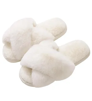 Evshine Women's Fuzzy Slippers Cross Band Memory Foam House Slippers Open Toe Indoor Outdoor Shoes, White, 38-39 (Size 7-8)