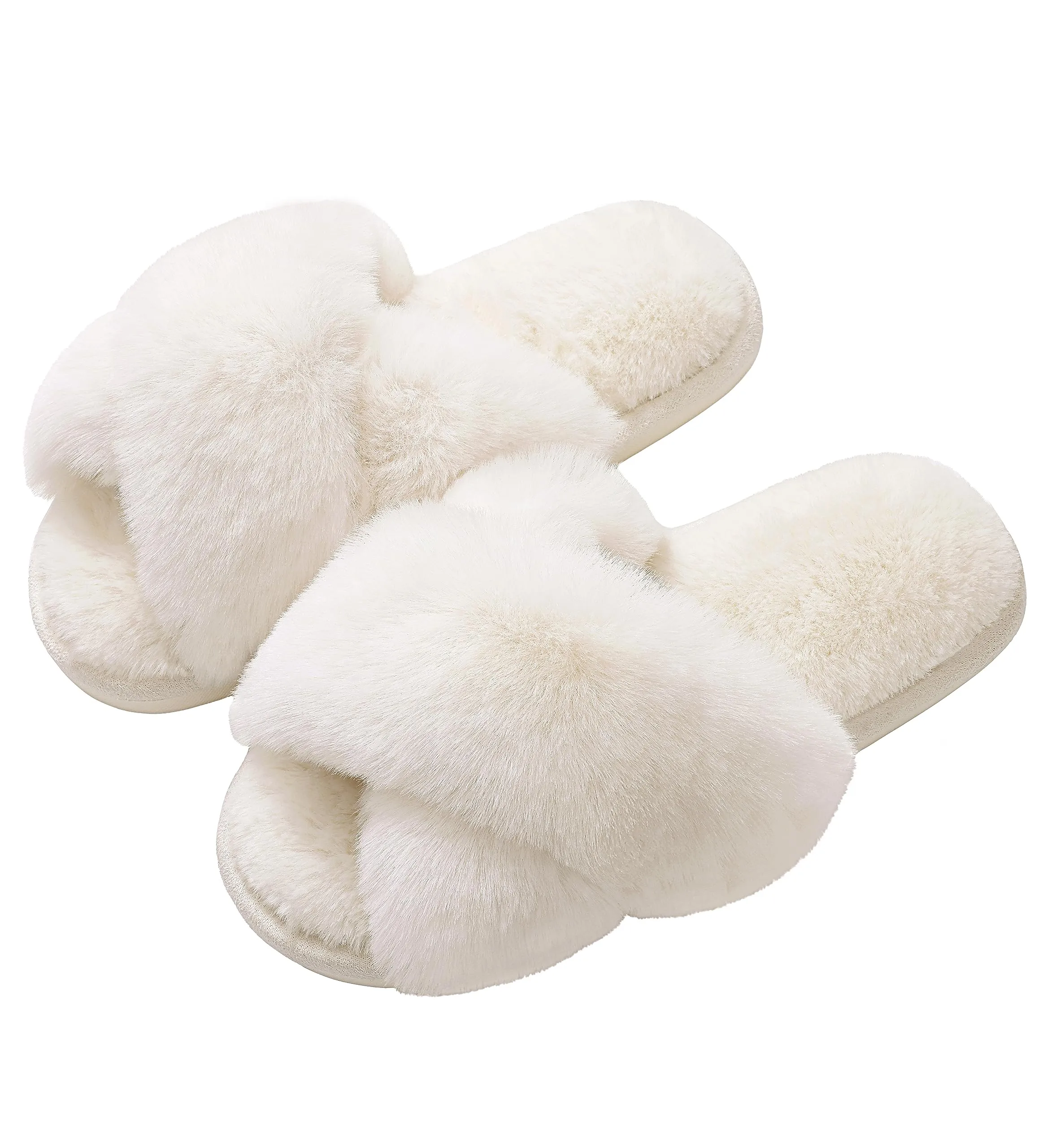 Evshine Women's Fuzzy Slippers Cross Band Memory Foam House Slippers Open Toe Indoor Outdoor Shoes, White, 38-39 (Size 7-8)