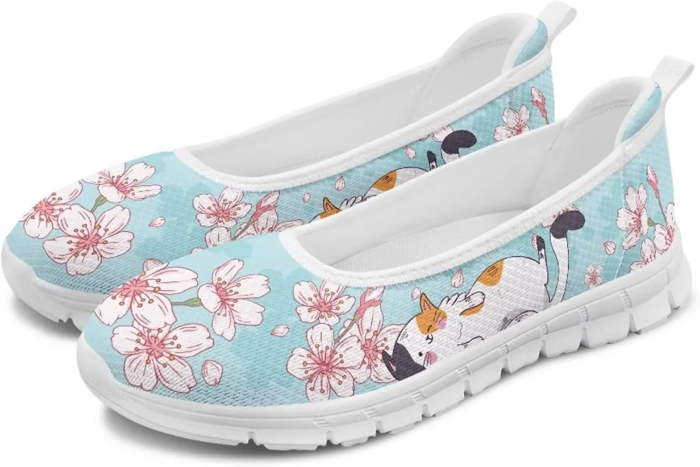 Fashion Sneakers for Women Printing Shoes Lightweight Walking Flying Mesh Casual Slip Ons Comfortable Art Painted Soft Cherry Blossoms ShoesUS Size 6-11