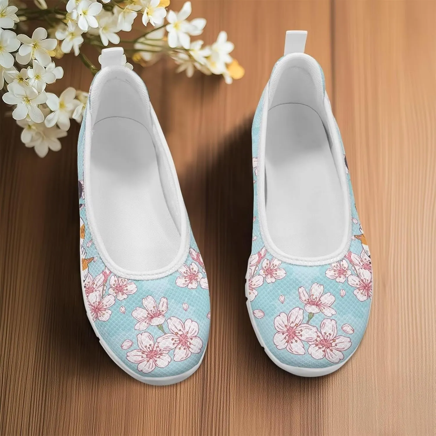 Fashion Sneakers for Women Printing Shoes Lightweight Walking Flying Mesh Casual Slip Ons Comfortable Art Painted Soft Cherry Blossoms ShoesUS Size 6-11