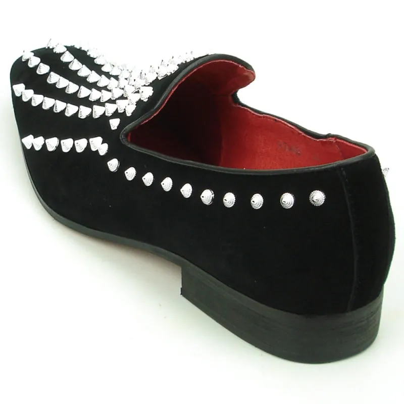 Fiesso Black Suede Silver Spiked Loafers