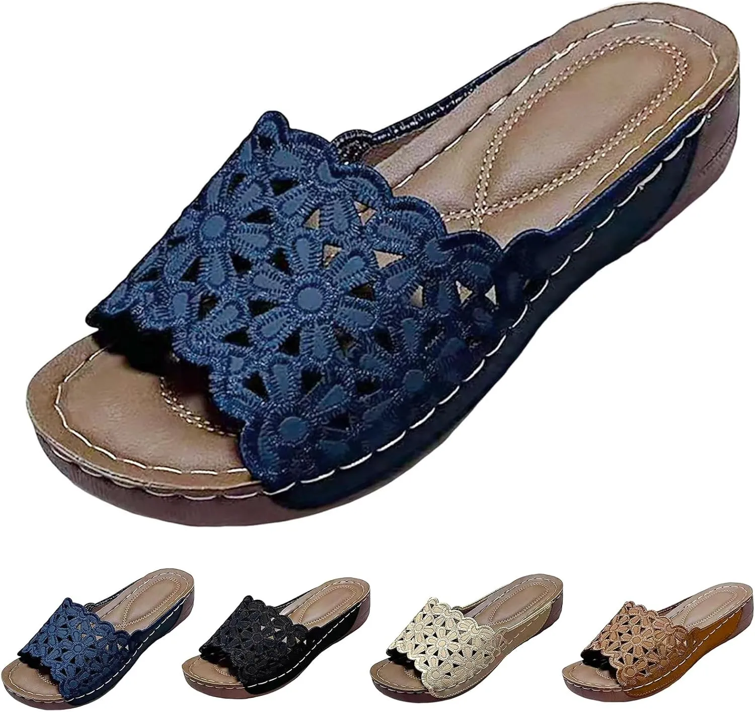 Flower Sandals for Women Arch Support Slides Comfortable Orthopedic Platform Sandals, Open Toe Fish Mouth Hollow Out Breathable Flats Summer Slip On Walking Shoes Slippers All Day Comfort