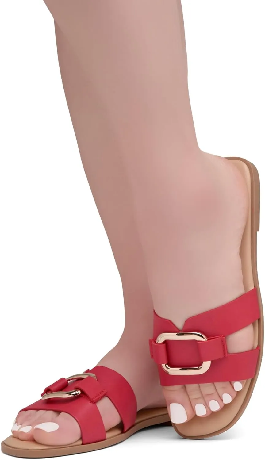 Herstyle Women's Flat Sandals 2025  Trendy Square Open Toe Slides with Metal Chain, Memory Foam Cushioned Footbed, Slip-On Fashion Slippers for Summer