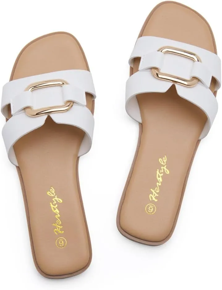 Herstyle Women's Flat Sandals 2025  Trendy Square Open Toe Slides with Metal Chain, Memory Foam Cushioned Footbed, Slip-On Fashion Slippers for Summer