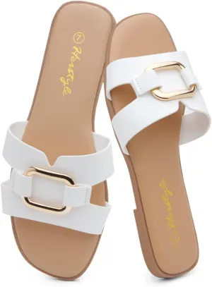 Herstyle Women's Flat Sandals 2025  Trendy Square Open Toe Slides with Metal Chain, Memory Foam Cushioned Footbed, Slip-On Fashion Slippers for Summer
