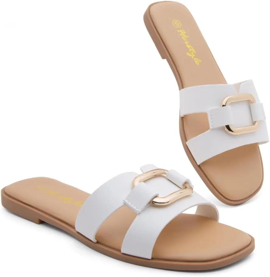 Herstyle Women's Flat Sandals 2025  Trendy Square Open Toe Slides with Metal Chain, Memory Foam Cushioned Footbed, Slip-On Fashion Slippers for Summer