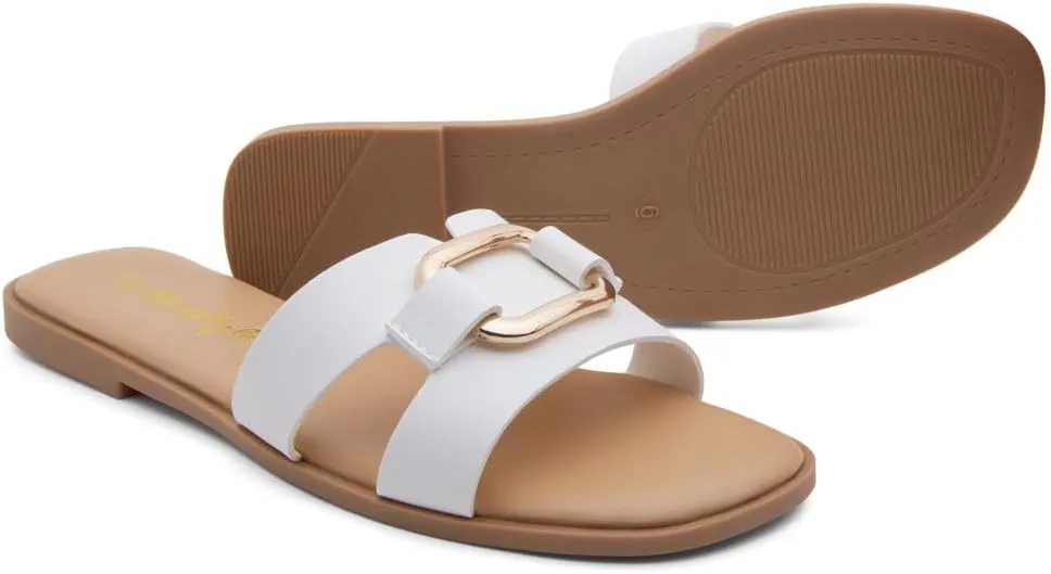 Herstyle Women's Flat Sandals 2025  Trendy Square Open Toe Slides with Metal Chain, Memory Foam Cushioned Footbed, Slip-On Fashion Slippers for Summer