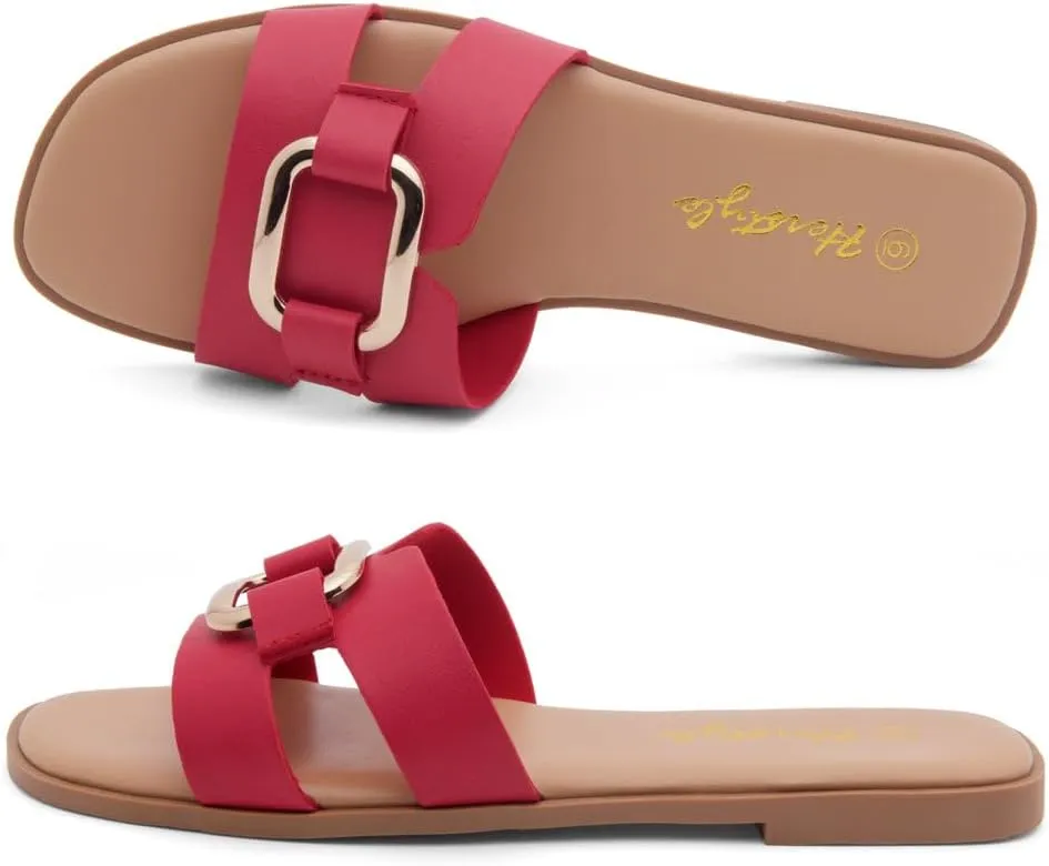 Herstyle Women's Flat Sandals 2025  Trendy Square Open Toe Slides with Metal Chain, Memory Foam Cushioned Footbed, Slip-On Fashion Slippers for Summer