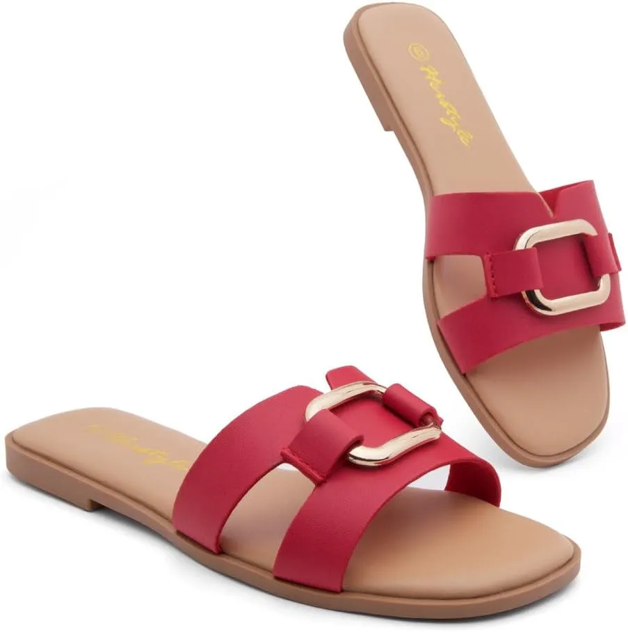 Herstyle Women's Flat Sandals 2025  Trendy Square Open Toe Slides with Metal Chain, Memory Foam Cushioned Footbed, Slip-On Fashion Slippers for Summer
