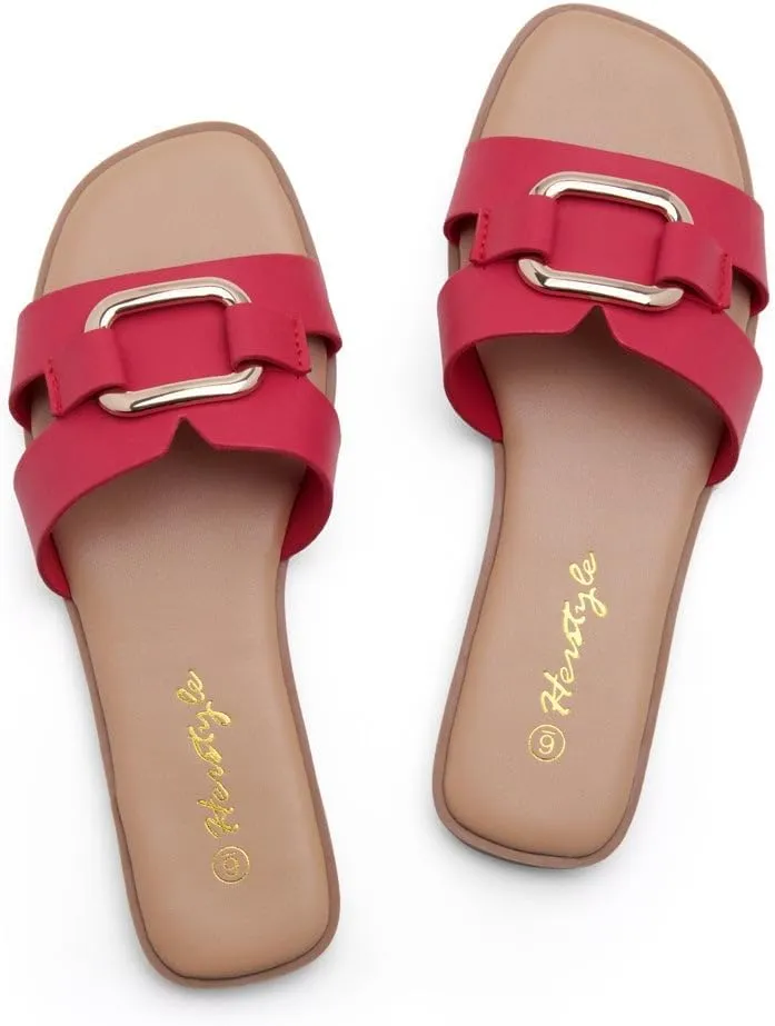 Herstyle Women's Flat Sandals 2025  Trendy Square Open Toe Slides with Metal Chain, Memory Foam Cushioned Footbed, Slip-On Fashion Slippers for Summer