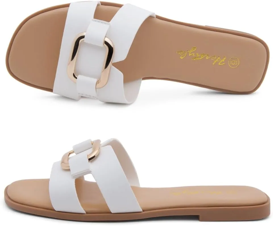 Herstyle Women's Flat Sandals 2025  Trendy Square Open Toe Slides with Metal Chain, Memory Foam Cushioned Footbed, Slip-On Fashion Slippers for Summer