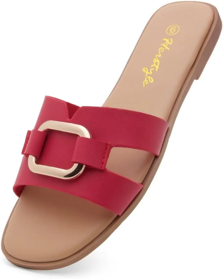 Herstyle Women's Flat Sandals 2025  Trendy Square Open Toe Slides with Metal Chain, Memory Foam Cushioned Footbed, Slip-On Fashion Slippers for Summer
