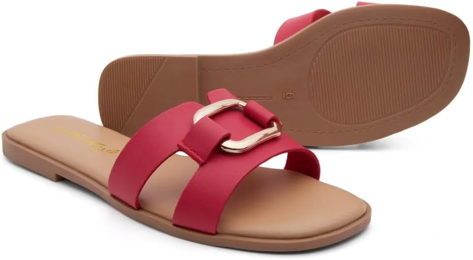 Herstyle Women's Flat Sandals 2025  Trendy Square Open Toe Slides with Metal Chain, Memory Foam Cushioned Footbed, Slip-On Fashion Slippers for Summer