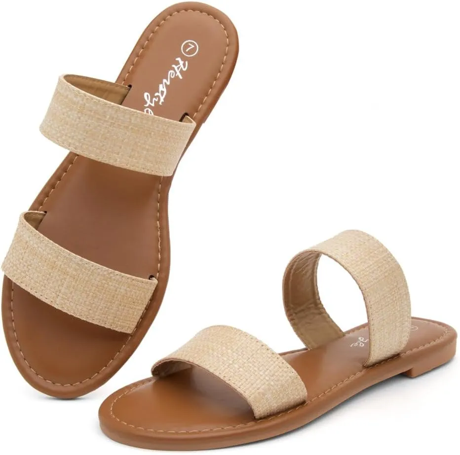 Herstyle Womens Flat Sandals  Two Strap Comfortable Slides with Memory Foam, Trendy 2025 Summer Sandals, Lightweight Slip-On Open Toe Dressy & Casual Slippers for Women