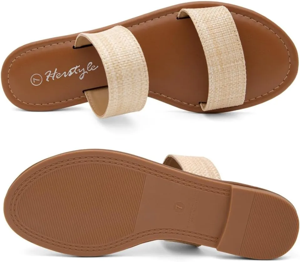 Herstyle Womens Flat Sandals  Two Strap Comfortable Slides with Memory Foam, Trendy 2025 Summer Sandals, Lightweight Slip-On Open Toe Dressy & Casual Slippers for Women