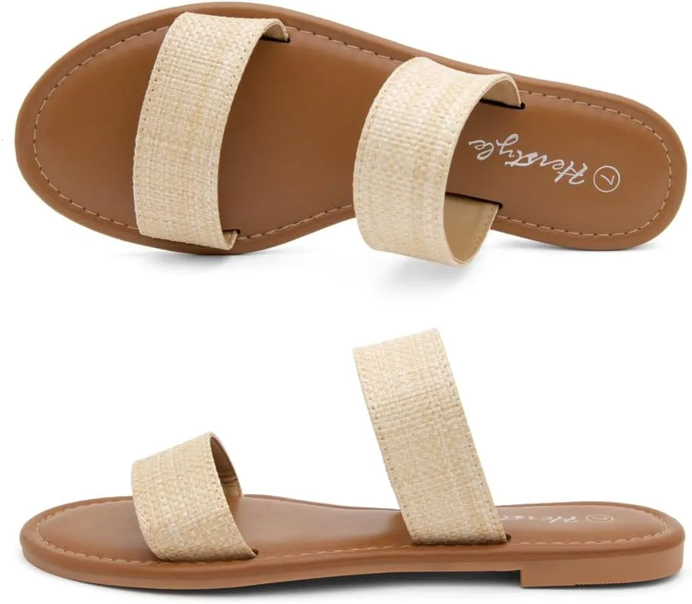 Herstyle Womens Flat Sandals  Two Strap Comfortable Slides with Memory Foam, Trendy 2025 Summer Sandals, Lightweight Slip-On Open Toe Dressy & Casual Slippers for Women