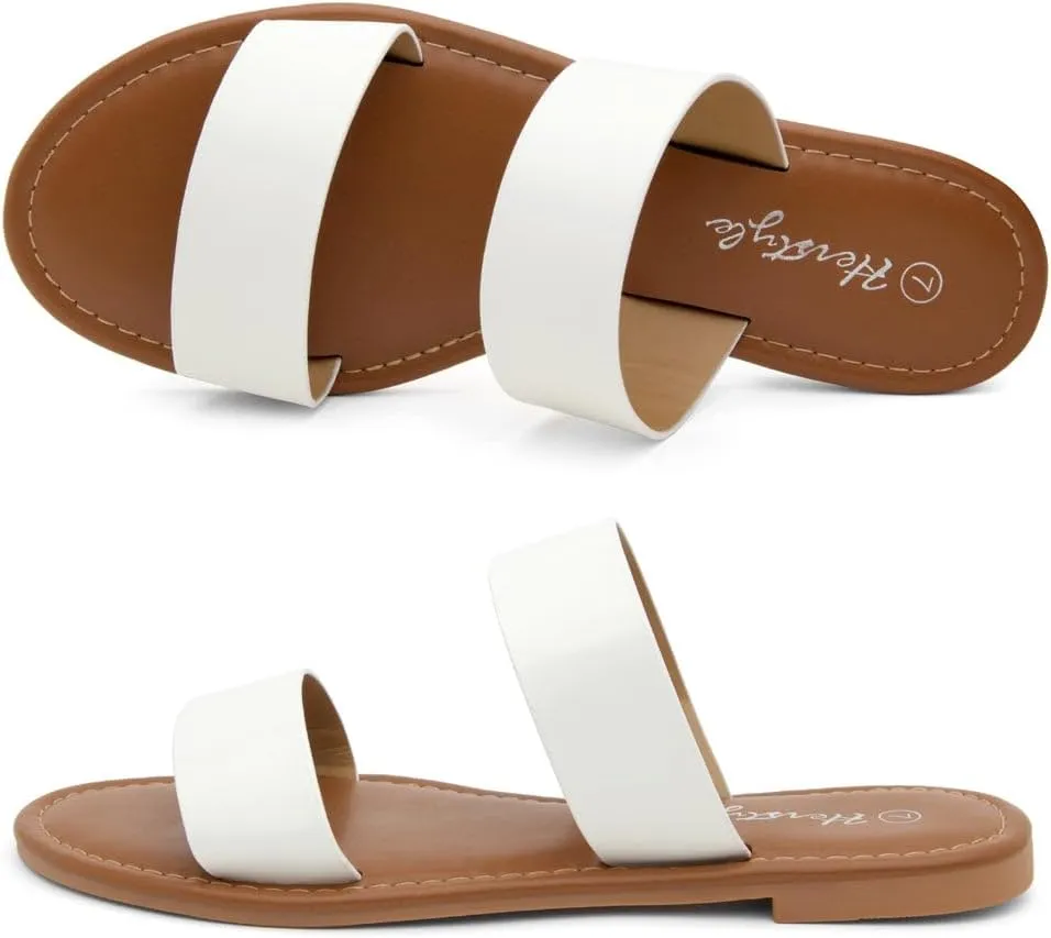 Herstyle Womens Flat Sandals  Two Strap Comfortable Slides with Memory Foam, Trendy 2025 Summer Sandals, Lightweight Slip-On Open Toe Dressy & Casual Slippers for Women