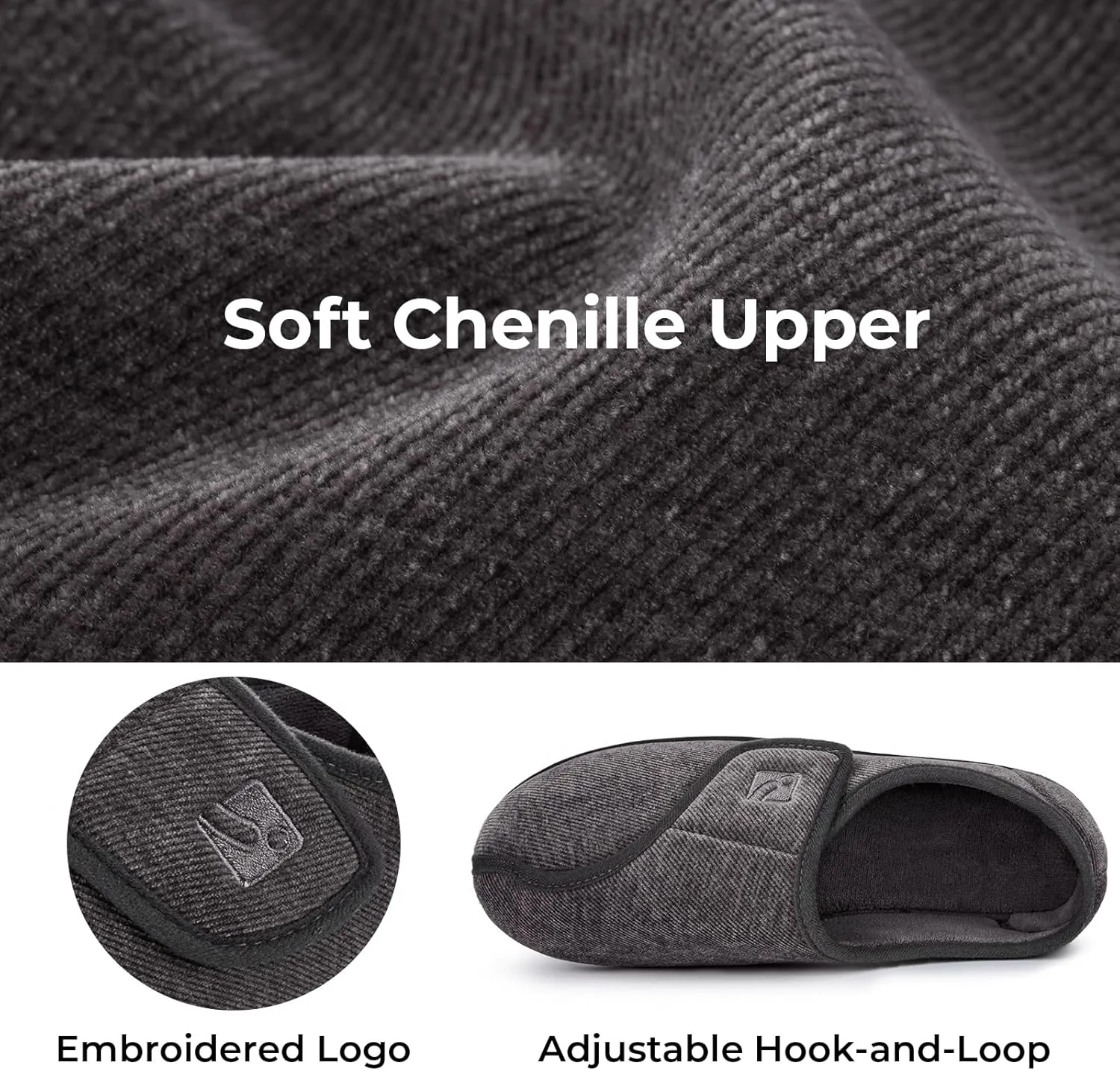HomeTop Men's Adjustable Chenille Slippers Wide Soft Comfy Non-slip Indoor House Shoes