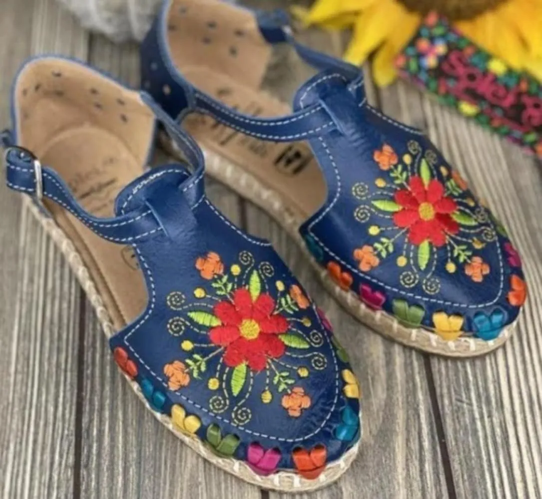 Huaraches Flat Sandals Women Girls Cute Closed Toes Breathable Leather Non Slip Sandals Slip on Comfortable Soft Sole Waterproof Summer Dress Shoes T-strap Blue Sunflower Beach Shower Cruise Vacation