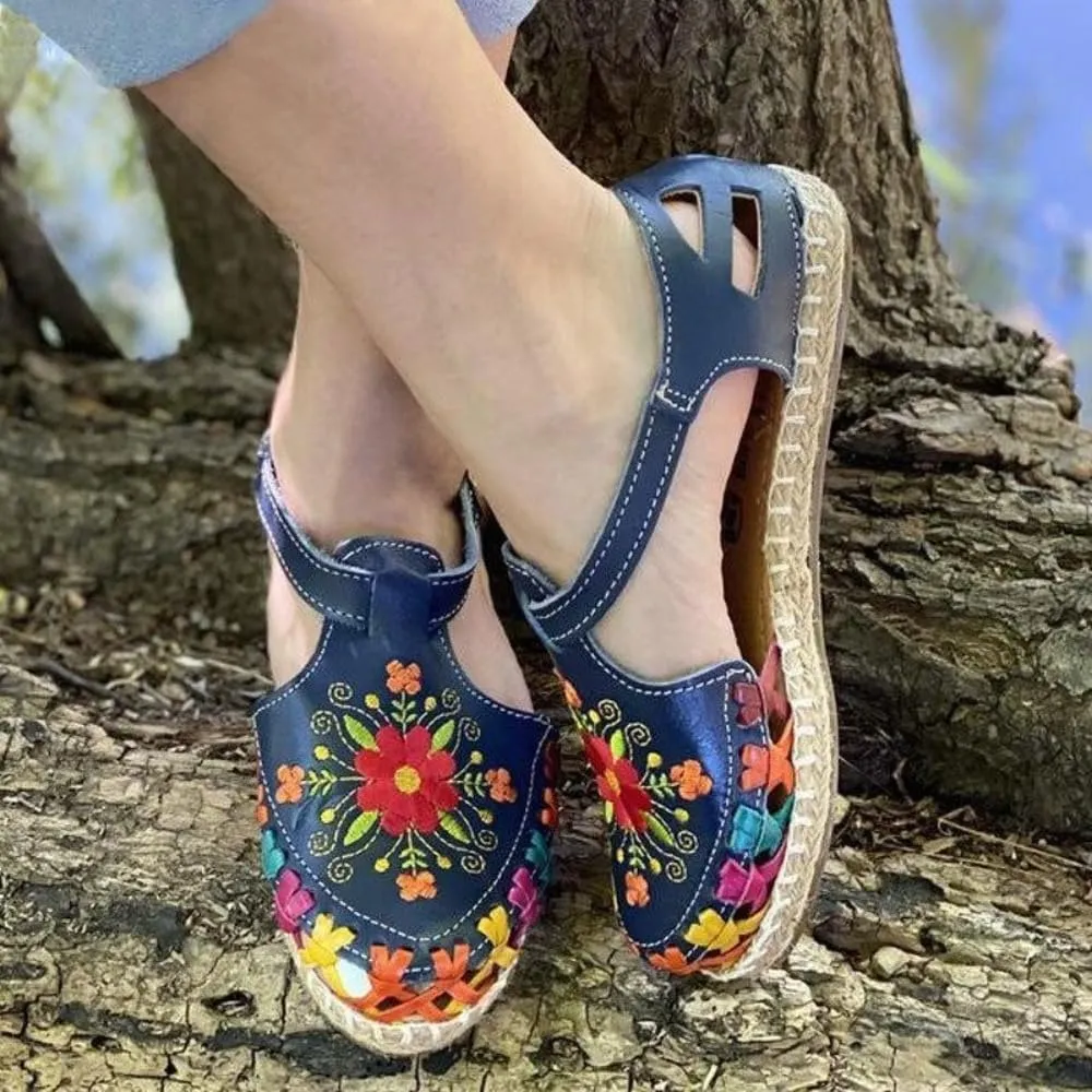 Huaraches Flat Sandals Women Girls Cute Closed Toes Breathable Leather Non Slip Sandals Slip on Comfortable Soft Sole Waterproof Summer Dress Shoes T-strap Blue Sunflower Beach Shower Cruise Vacation