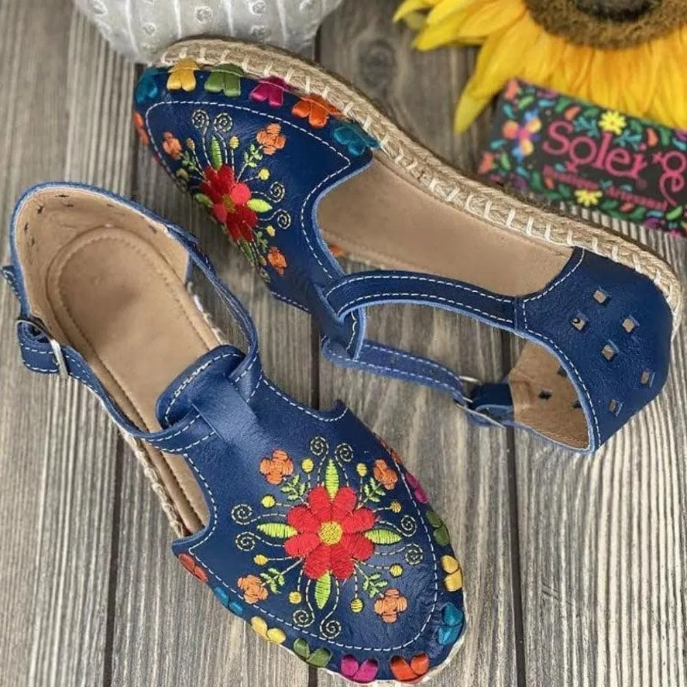 Huaraches Flat Sandals Women Girls Cute Closed Toes Breathable Leather Non Slip Sandals Slip on Comfortable Soft Sole Waterproof Summer Dress Shoes T-strap Blue Sunflower Beach Shower Cruise Vacation