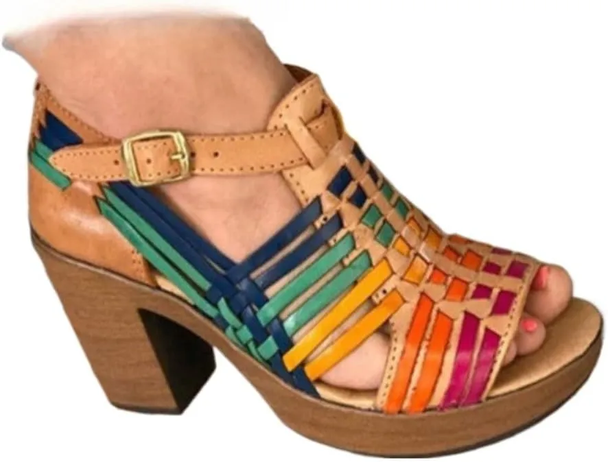 Huaraches Heel Sandals Women Girls Cute Colorful Closed Toes Breathable Leather Non Slip Platform Sandals Slip on Comfort Soft Sole Waterproof Summer Dress Shoes T-strap Casual Walking Beach Party