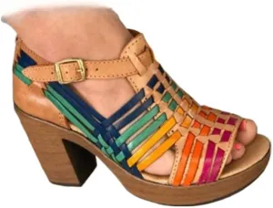 Huaraches Heel Sandals Women Girls Cute Colorful Closed Toes Breathable Leather Non Slip Platform Sandals Slip on Comfort Soft Sole Waterproof Summer Dress Shoes T-strap Casual Walking Beach Party