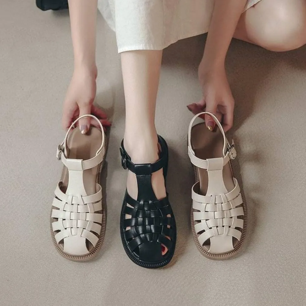 Huaraches Heel Sandals Women Girls Cute Slingback Closed Toes Breathable Leather Non Slip Platform Sandals Slip on Comfort Soft Sole Waterproof Summer Dress Shoes T-strap Casual Walking Beach Party