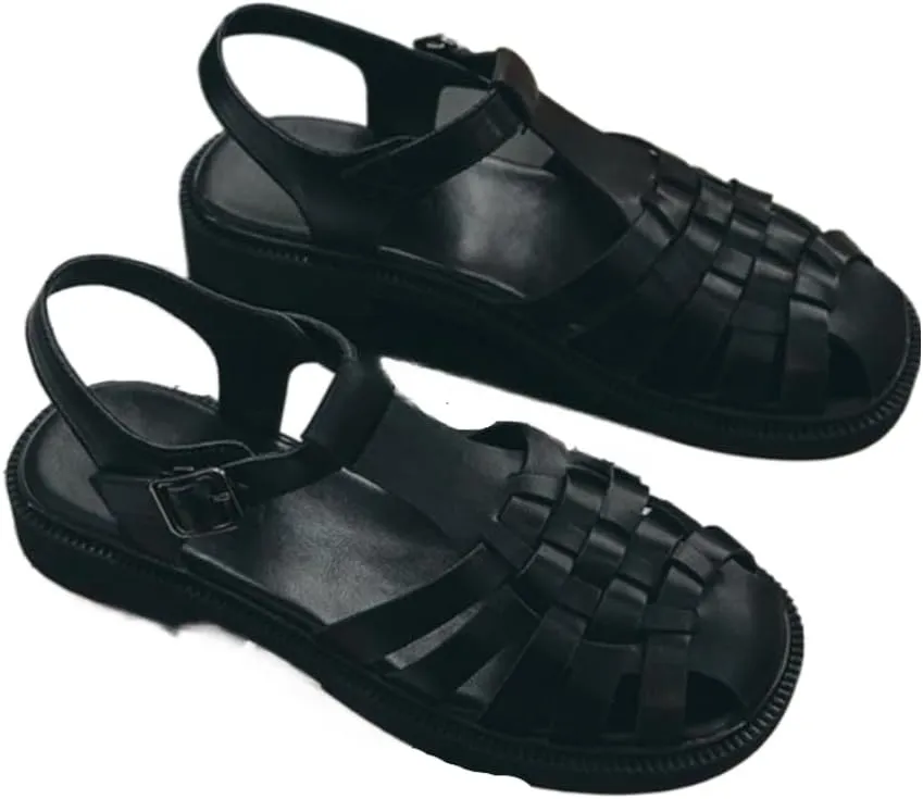 Huaraches Heel Sandals Women Girls Cute Slingback Closed Toes Breathable Leather Non Slip Platform Sandals Slip on Comfort Soft Sole Waterproof Summer Dress Shoes T-strap Casual Walking Beach Party