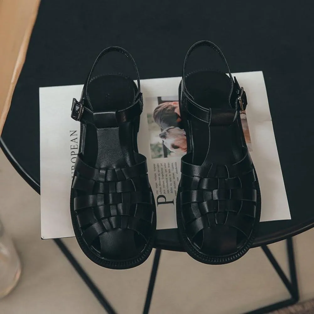 Huaraches Heel Sandals Women Girls Cute Slingback Closed Toes Breathable Leather Non Slip Platform Sandals Slip on Comfort Soft Sole Waterproof Summer Dress Shoes T-strap Casual Walking Beach Party