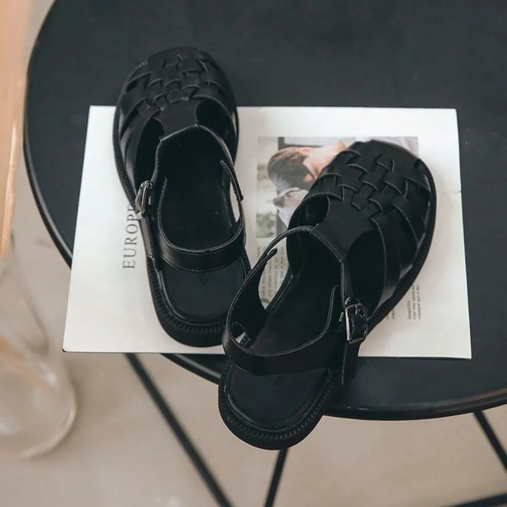 Huaraches Heel Sandals Women Girls Cute Slingback Closed Toes Breathable Leather Non Slip Platform Sandals Slip on Comfort Soft Sole Waterproof Summer Dress Shoes T-strap Casual Walking Beach Party
