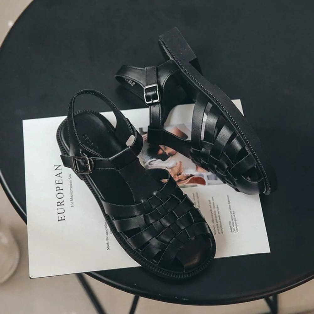 Huaraches Heel Sandals Women Girls Cute Slingback Closed Toes Breathable Leather Non Slip Platform Sandals Slip on Comfort Soft Sole Waterproof Summer Dress Shoes T-strap Casual Walking Beach Party