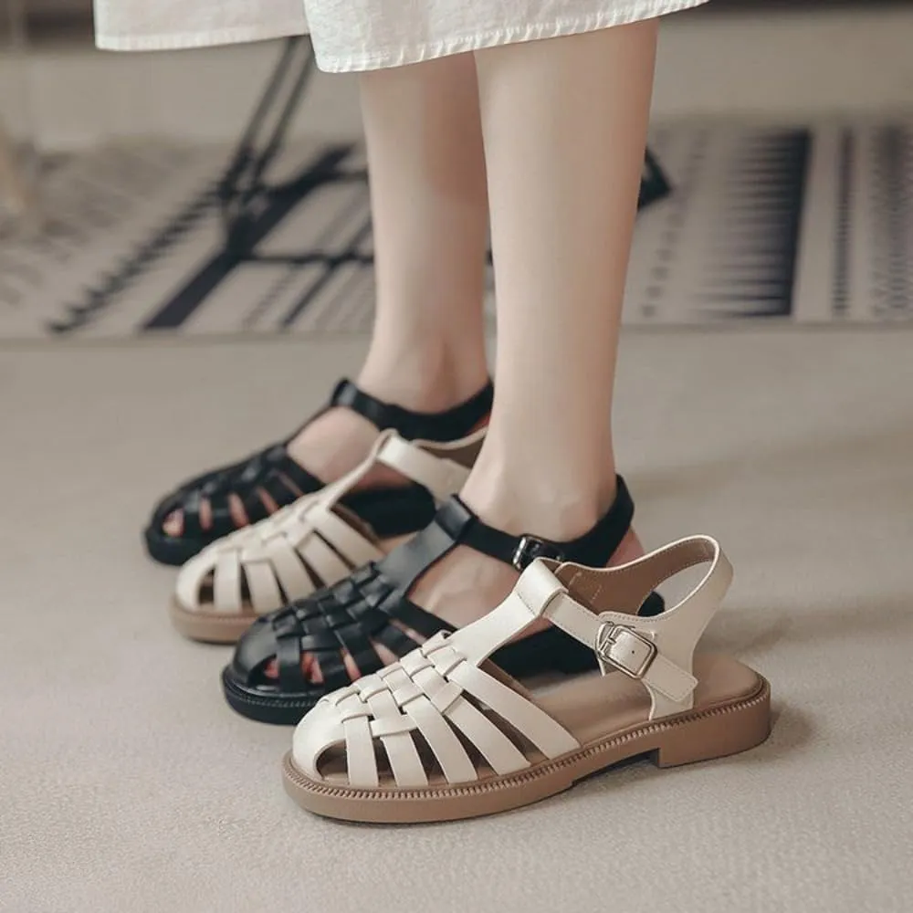 Huaraches Heel Sandals Women Girls Cute Slingback Closed Toes Breathable Leather Non Slip Platform Sandals Slip on Comfort Soft Sole Waterproof Summer Dress Shoes T-strap Casual Walking Beach Party