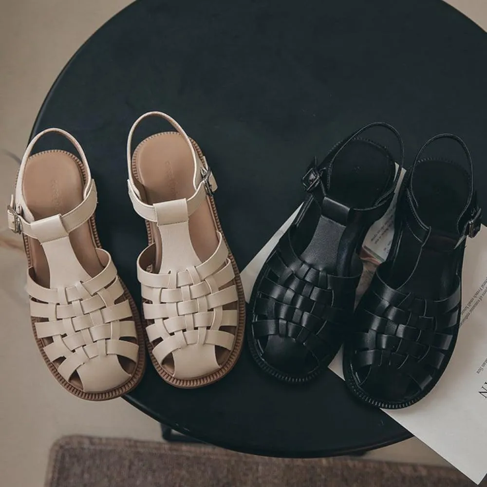 Huaraches Heel Sandals Women Girls Cute Slingback Closed Toes Breathable Leather Non Slip Platform Sandals Slip on Comfort Soft Sole Waterproof Summer Dress Shoes T-strap Casual Walking Beach Party